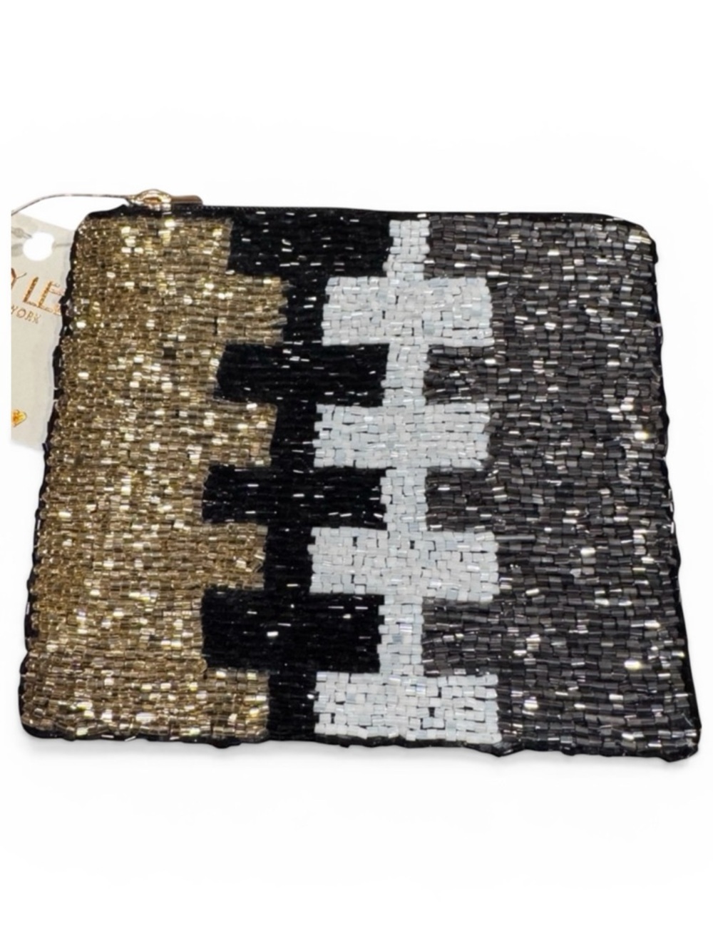 Kaylee New York Seed Bead Pouch, Gold Black White Colorblock Zip Clutch